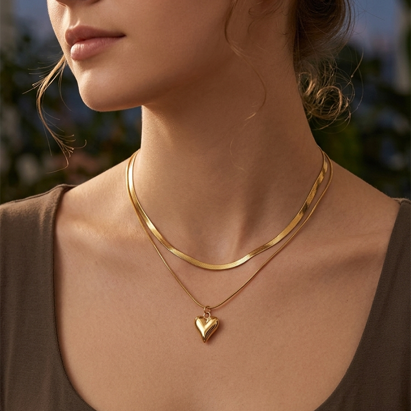 Layered Gold Herringbone and Puffy Heart Pendant Necklace